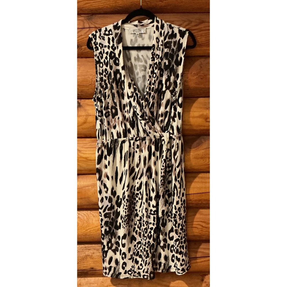 Kasper Separates Womens XL Leopard Print Faux Wrap Sleeveless Dress Brown Black